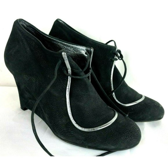 MICHEL VIVIEN Italy Black Wedge Booties Black Pebble Suede Leather Boots Sz 39 - Picture 9 of 9